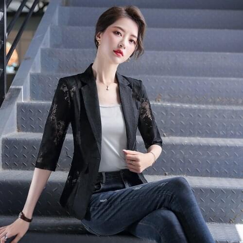 White Chiffon Lace Blazer womens spring summer short thin casual womens coat girl jacket 3 quater sleeve
