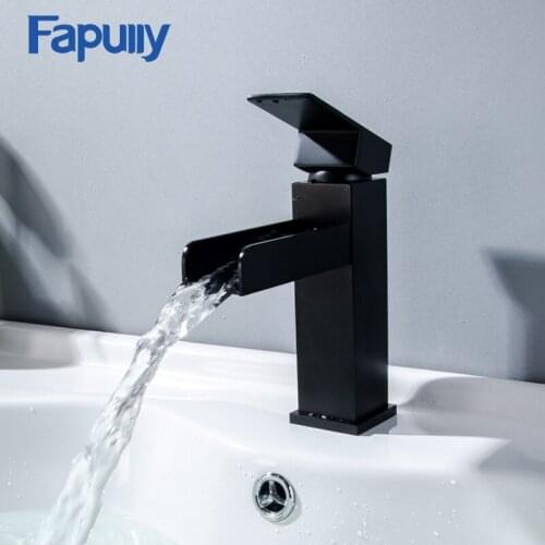 Fapully Waterfall Basin Bathroom Faucet Deck Mounted Sink Tap Black Single Handle Mixer Taps Single Holder Hot and Cold Water