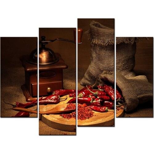 Coffee Paintings Wall Art Coffee Bean Grinder Food Differing Meal Spicy Peppers 4 Panel Picture Print on Canvas Drop shipping