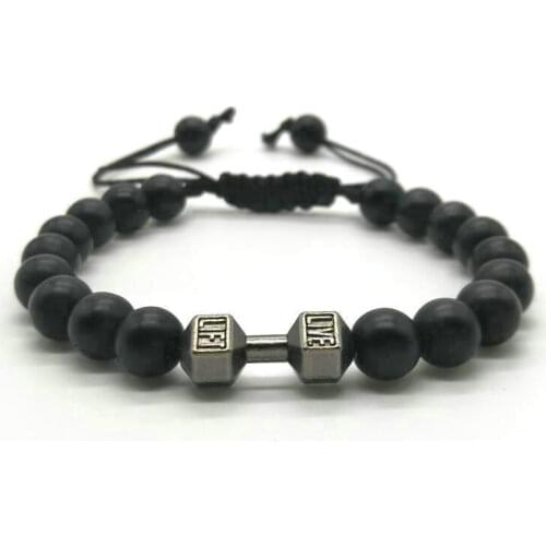 Classic 8mm Black Stone Beaded Bracelet Fitness Fit Life Prayer Dumbbell Bracelets for Women Men Couple Jewelry Woven Adjustable