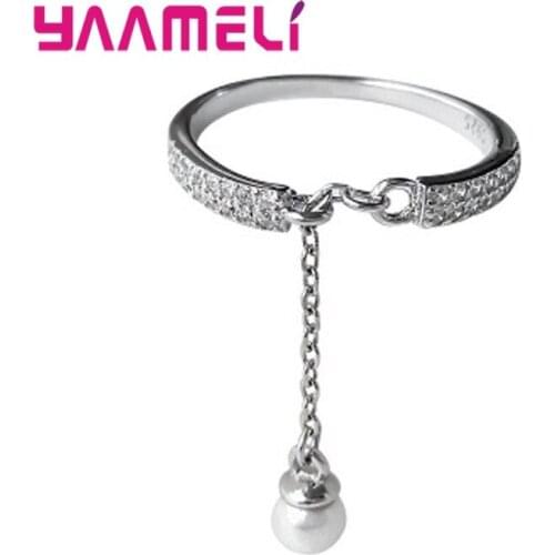 925 Sterling Silver CZ Diamond Pearl Ring with Chain Tassel Stylish OL Jewelry Fashion Wedding Engagement Accessories Bague