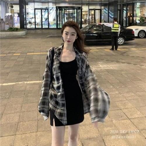 2021 latest skirt shirt suit Plaid Shirt split suspender dress two piece set