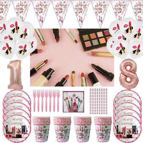 Cosmetics Beauty Theme Party Decoration Lipstick Balloon Girls Day Spa Makeup Party Supply Paper Cup Plate Happy Birthday Party