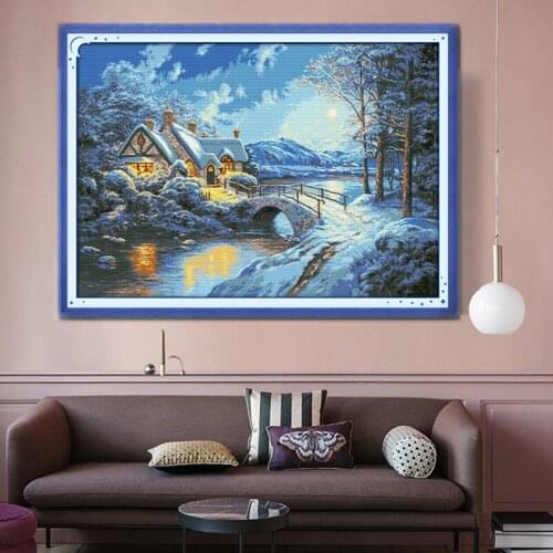 Winter snow landscape dream home cross stitch kit small house small bridge flowing water handmade embroidery home decoration pai