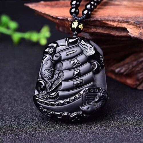 Natural Black Obsidian Carp Pendant Necklace Beads Chinese Fashion Charm Jewellery Hand-Carved Lucky Amulet for Men Women Gifts