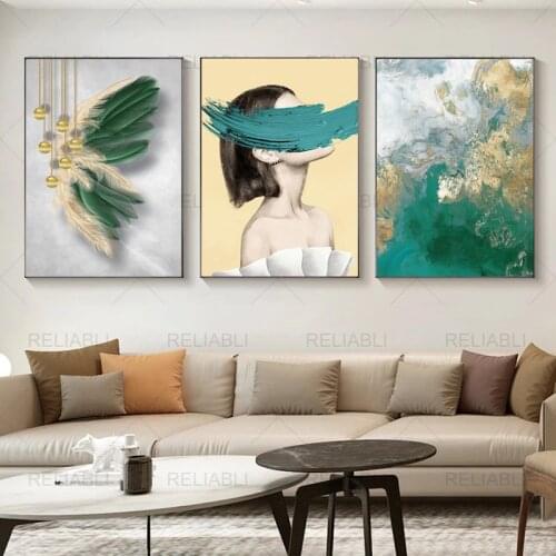 Nordic Light Luxury Abstract Golden Leaf Living Room Sofa Decorative Painting Flower Wall Canva Painting Triple Hanging Painting