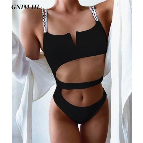 GNIM High Waist Solid Swimsuit Women One Piece Sexy Hollow Out Bikini Swimwear 2020 V Neck Swimming Suit For Women Biquini New