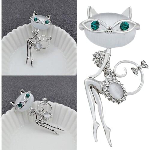 Opal Rhinestone Crystal Little Cat Brooch Pin Animal Cute Sexy Jewelry Fashion