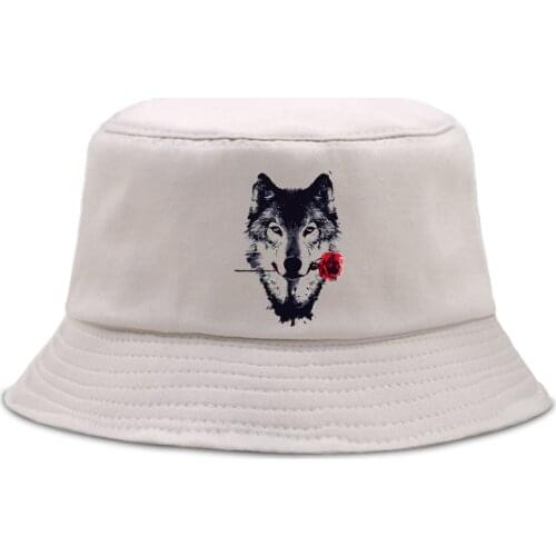 Rose Flower Wolf Harajuku Bucket Hat Foldable Hip Hop Fishermans Hats Outdoor Casual Panama Caps Sunscreen Beach Fishing Cap