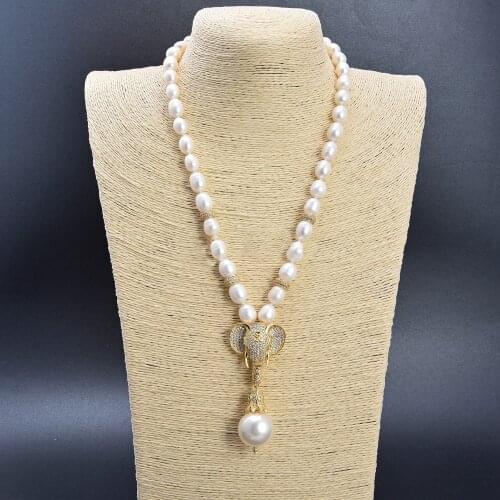 21'' White Rice Pearl Cz Pave Elephant Sea Shell Pearl Pendant Necklace
