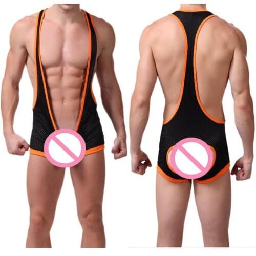 Sexy Mesh Bodysuit Men Backless Breathable Short Jumpsuit Wrestling Singlet Suspender Briefs Male Wet Look Open Butt Underwear