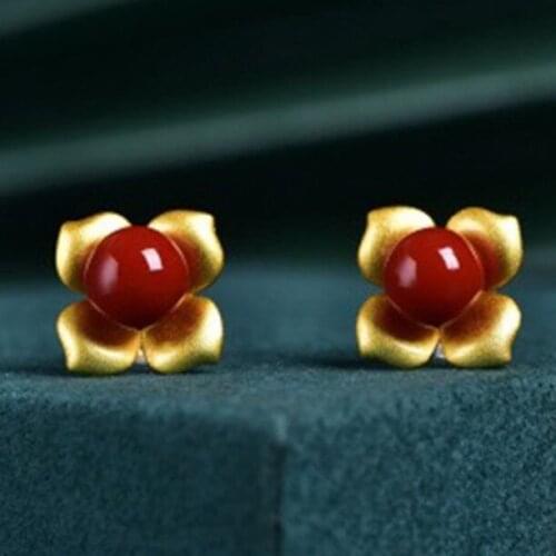 New silver natural red tourmaline Flower Earrings Chinese style fresh minority design elegant lovely fairy charm brand jewelry