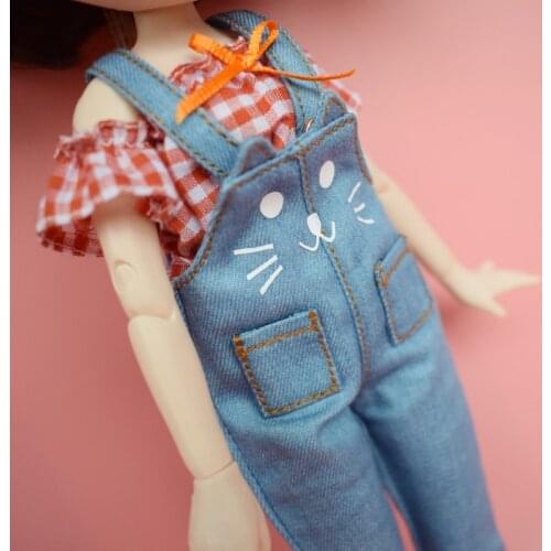 1PCS 1/6 Dolls Cute Cartoon Cat Pattern Overalls Bib Pants for Blyth, Azone, Licca Doll Clothes Accessories Toy Gift