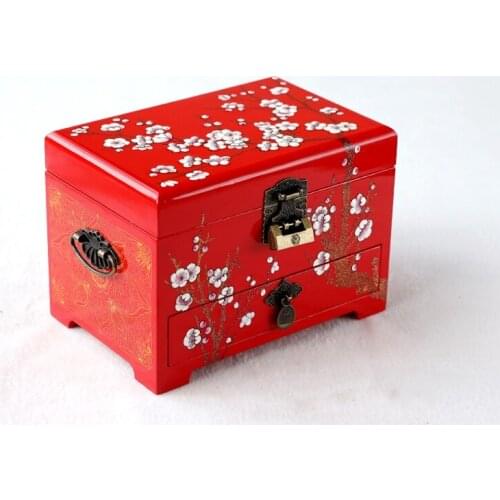 Handle Wedding Sliding Drawer Jewelry Box with Lock Wooden 3 Layer Lacquerware Vintage Chinese Decorative Storage Cases Gifts