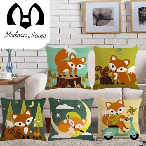High Quality Invisible Zipper Linen Throw cushion cover cartoon red fox moon pillowcase sofa cover for home decoration