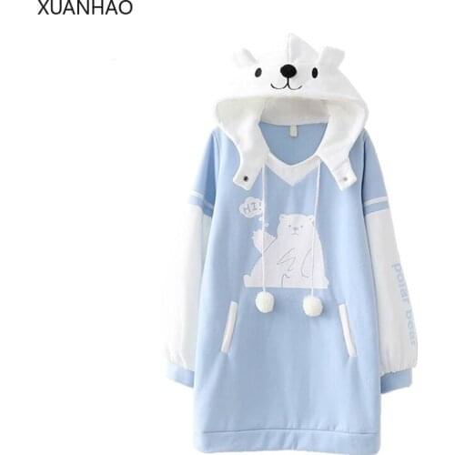 XUANHAO Womens Long Hoodies Blue Cute Sweatshirts Cartoon Bear Hooded Pullover With Ears Girls Thick Kawaii Sweet Sweatshirt
