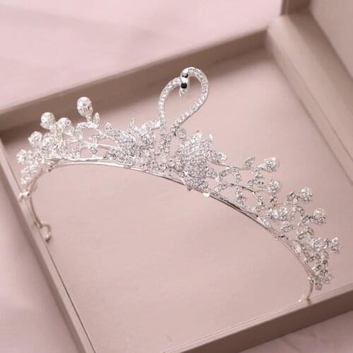 Fashion Silver Color Swan Lover Pattern Pearl Crystal Tiara And Crowns Hair Accessories Wedding Bride Women Hair Jewelry Pegeant