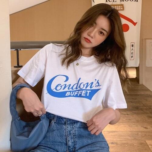 Womens T-shirts Tops Japanese Kawaii Ladies Ulzzang Ins Letter Print Loose T-shirt Female Korean Harajuku Clothes For Women