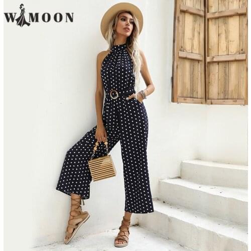 2021 Summer New Trend Pot Hanging Neck Sling Wide-legged Jumpsuit Sashes England Style DOT Boot Cut Jump Suits for Women