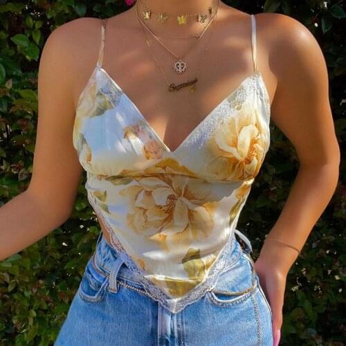 Floral Printed Summer Camisole Sleeveless Sexy V-Neck Low-Cut Fit Backless Tie Up Slim Triangle Hem Wild Cropped Sling Tops