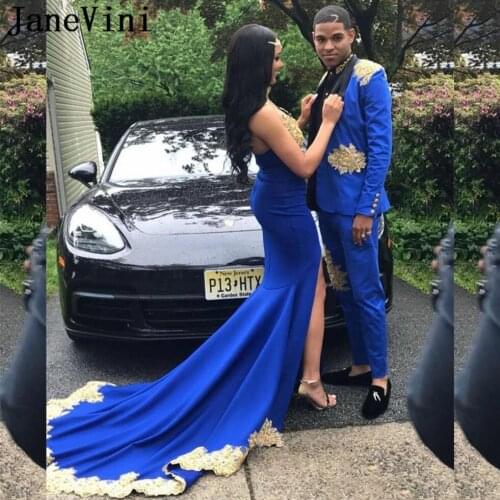 JaneVini Long Royal Blue Mermaid Prom Dress for Black Girls 2019 Women Gold Appliques African High Slit Party Dresses Evening