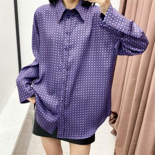 ZXQJ Women 2021 Fashion Geometric Pattern Loose Pajama Blouses Vintage Long Sleeves Female Shirts Chic Tops