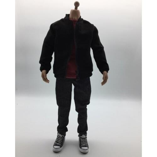 1:6 Black Zip Up Jacket Jeans Clothes Set Shoes For 12'' Kumik Action Figure Body