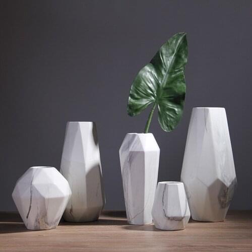 1pc Modern White Marbled Vase Geometric Shaped White Ceramic Flower Vase Tabletop Holder Home Office Decoration, 14/19/29/33cm