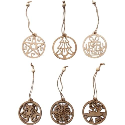 6 Pieces Round Flower Wooden Christmas Tree Hanging Decoration Ornament