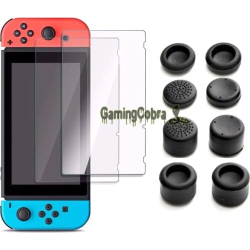 8Pcs Silicone Gel Thumb Stick Grip Joystick Cap Cover + 2pcs Screen Protector Film For Nintendo Switch Joy-Con