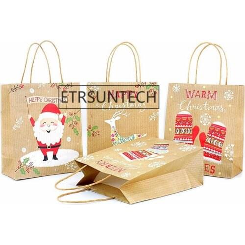 96pcs Kraft Paper Gift Bags Christmas Santa Claus with Handles New Year Gift Decorations Gift Bags