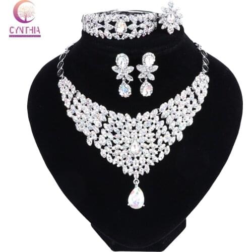 AB Color Crystal Bridal Jewelry Sets Silver Color Necklace Earrings Wedding Engagement Jewelry Sets for Women