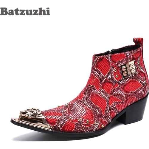 Batzuzhi Formal Leather Ankle Dress Boots 6.5cm Heels High Boots Men Gold Pointed Toe Red Party and Wedding Shoes Botas Hombre