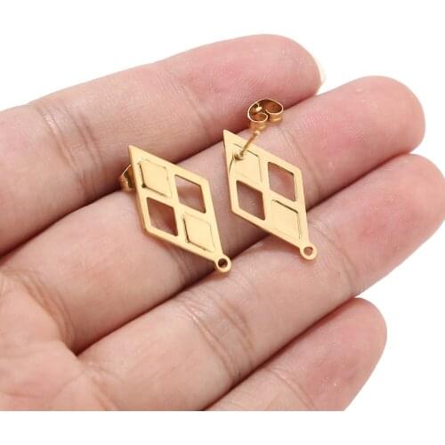 New hollow 304 Stainless Steel rhombus Ear Stud Components With Earnuts Golden Earring Post DIY jewelry