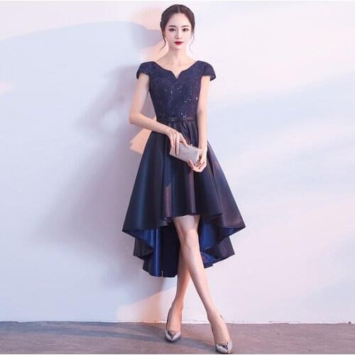 Elegant Dark Navy Blue Cocktail Dresses A-Line V-Neck Short Sleeve Tea-Length Satin Party Dresses Robe De Cocktail
