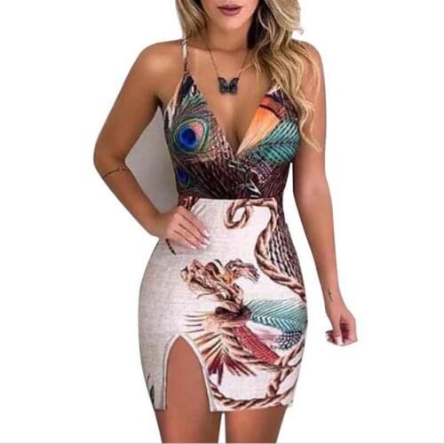 European and American Fashion Summer 2021 Peacock Feather Print Sling Split Hip Dress Mid-length Dress Boho Dress Woman