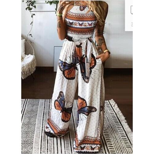 2 Pieces Suit Set, Female Butterfly Print Spaghetti Strap Camisole+ Long Loose Pants for Summer, S/M/L/XL