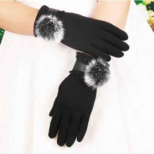 Fashion Women Winter Elegant Glove Lace Faux Rabbit Fur Ball Touch Screen Cashmere Cycling Gloves