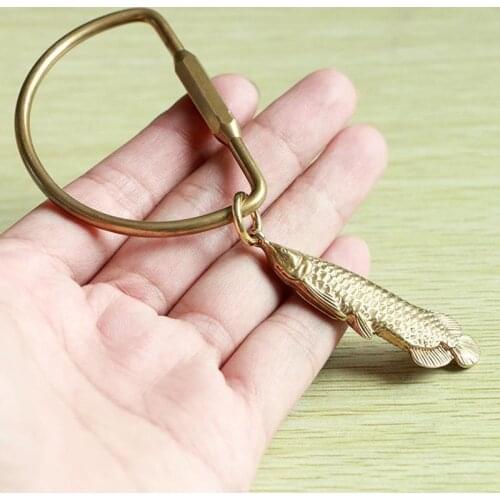 Fashion Miniature Fitting Keychain Pendant Handmade Pure Brass Retro Gold Arowana Fish Charm Craft DIY Ornament Souvenir Gift
