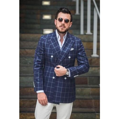 YiMinpwp Navy Plaid Men Suits Peaked Lapel Double Breasted Blazer Jacket Men Tuxedos Groom Wedding Suits 2 PIeces Coat+Pant