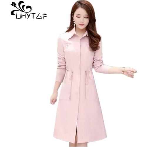 UHYTGF 2019 New Spring Womens Trench Coats Thin Plus Size Woman Coat tops Female Korean fashion Lace Waist Slim Trench Coat 326