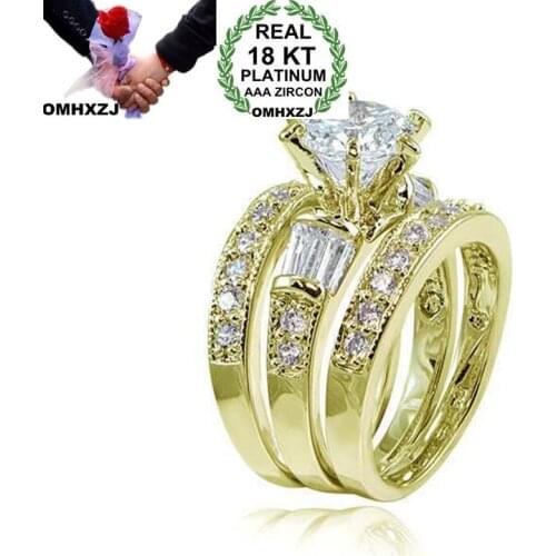 OMHXZJ Wholesale European Fashion Woman Man Party Wedding Gift Luxury White Zircon 18KT White Rose Yellow Gold Ring Set RR475