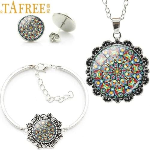 TAFREE Exquisite bohemian style color mandala flower statement necklace earrings bracelet set vintage dubai jewelry sets HT123