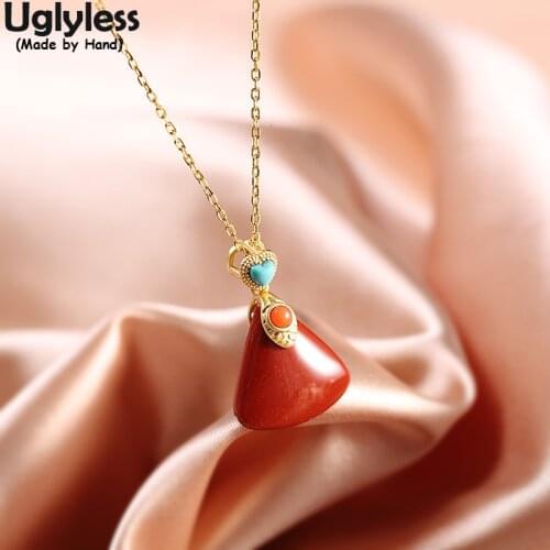 Uglyless Simple Cut Triangle Necklaces for Women Real 925 Silver Minimalist Jewelry Natural Agate Turquoise Pendants +Chain Gold