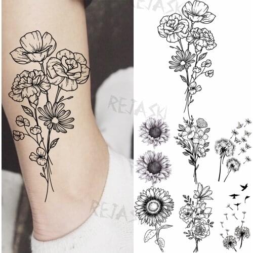 Small Peony Daisy Flower Temporary Tattoos For Women Girl Sunflower Dandelion Fake Tattoo Sticker Body Art Washable Tatoo Decal