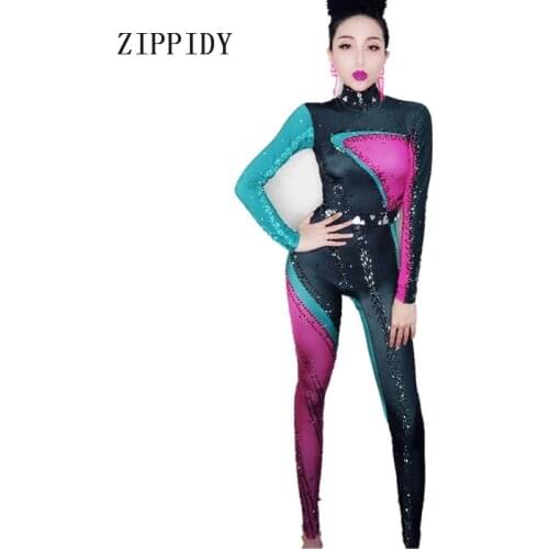 Colorful Rhinestones Jumpsuit Long Sleeves Big Stretch Sexy Bodysuit Nightclub Party Dress Costume One-piece Dance Leggings