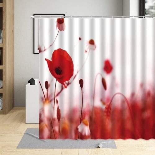 Retro Floral Red Poppies Shower Curtain Beautiful Bathroom Wall Decoration Polyester Waterproof With Hooks Washable Fabric