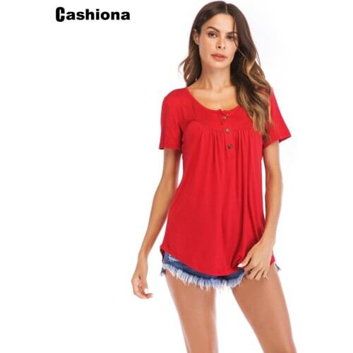 Women Elegant Leisure Casual T-shirt Single-Breasted Red Green Tees Plus size Femme the Top Pullovers 2021 Summer Pleated Tshirt