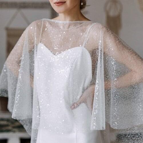 Women Elegant lvory Sequins Cape Evening Wrap Celebrity Lady Formal Glitter Shawl Event Wrap
