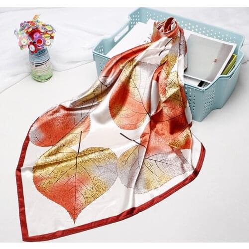90CM 2019 new fashion female square silk scarf large square scarves leaf print shawl wrap muffler pareo Bandanna female